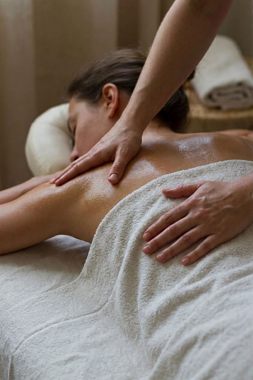 Relaxing back massage therapy session Person lying face down getting an oil back massage
